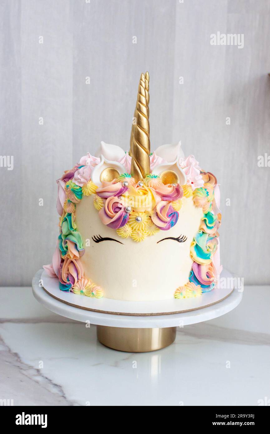 Unicorn cake with pink frosting and copy space to side Stock Photo - Alamy