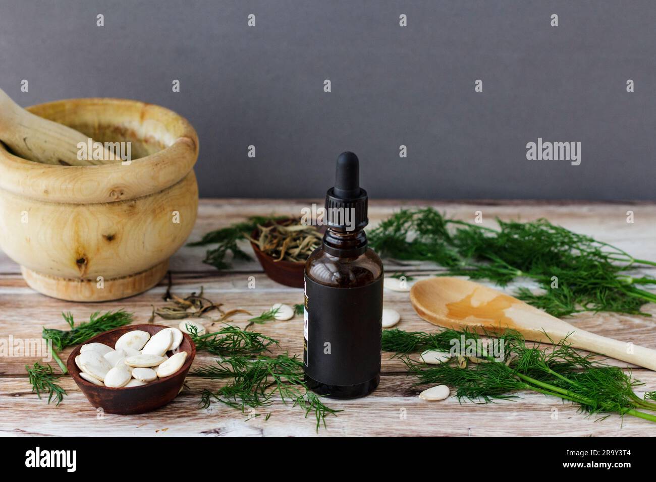 A variety of herbs, including dill organic oil as alternative medicine