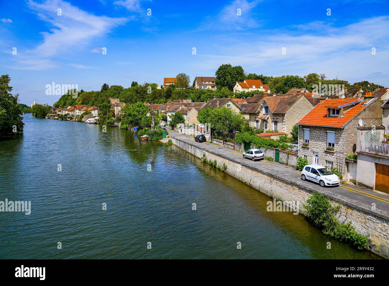 Houses on the banks of the Loing river in Nemours, a small town in the south of the Seine et