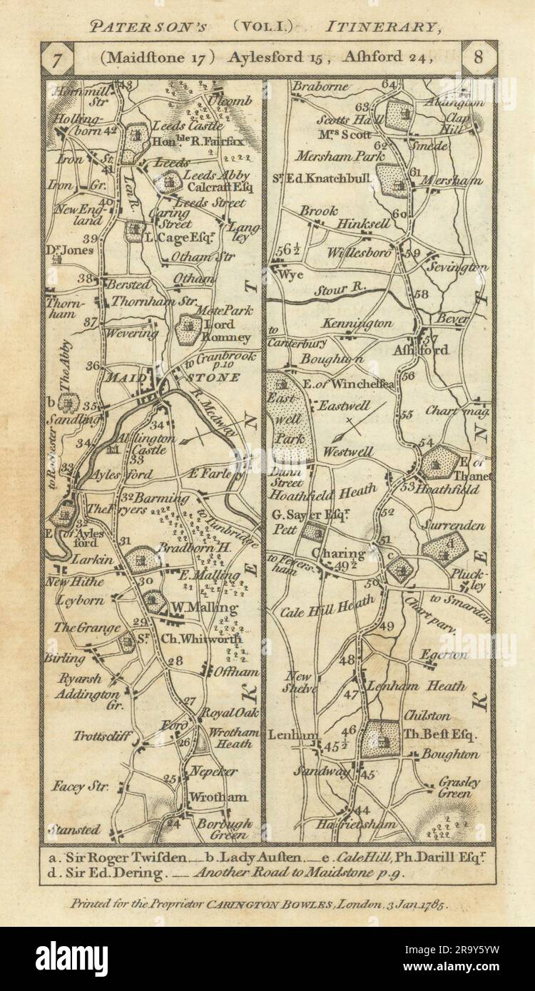Wrotham-Aylesford-Maidstone-Ashford-Mersham road strip map PATERSON 1785 Stock Photo