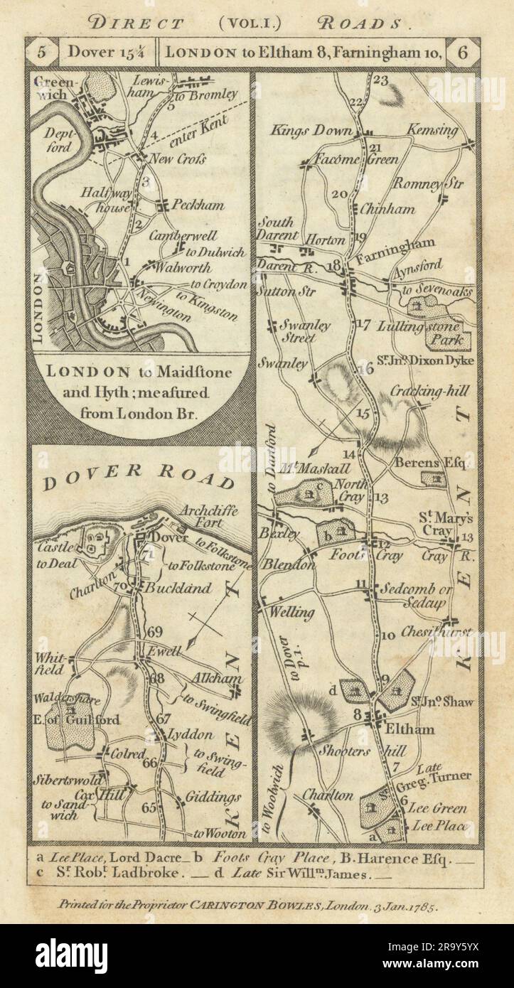 Dover. London - Greenwich road strip map PATERSON 1785 old antique chart Stock Photo