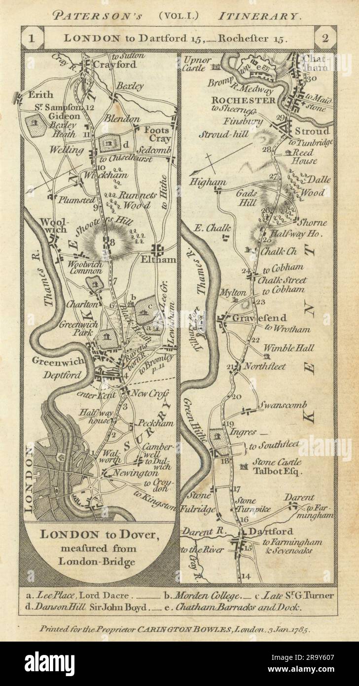LondonGreenwichDartfordGravesendChatham road strip map PATERSON 1785 Stock Photo Alamy
