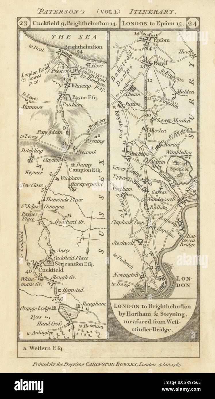 Cuckfield-Brighton. London-Stockwell-Epsom road strip map PATERSON 1785 Stock Photo