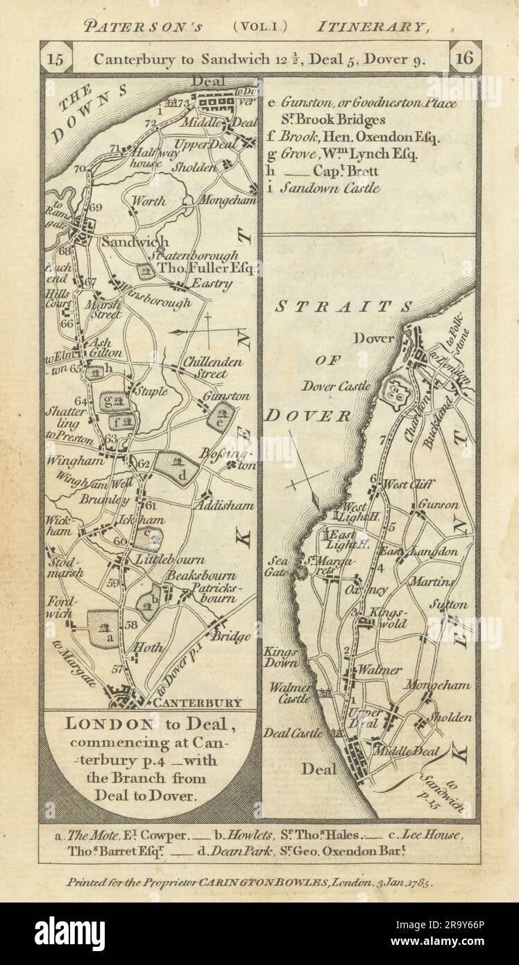 Canterbury Sandwich Deal Dover road strip map PATERSON 1785 old