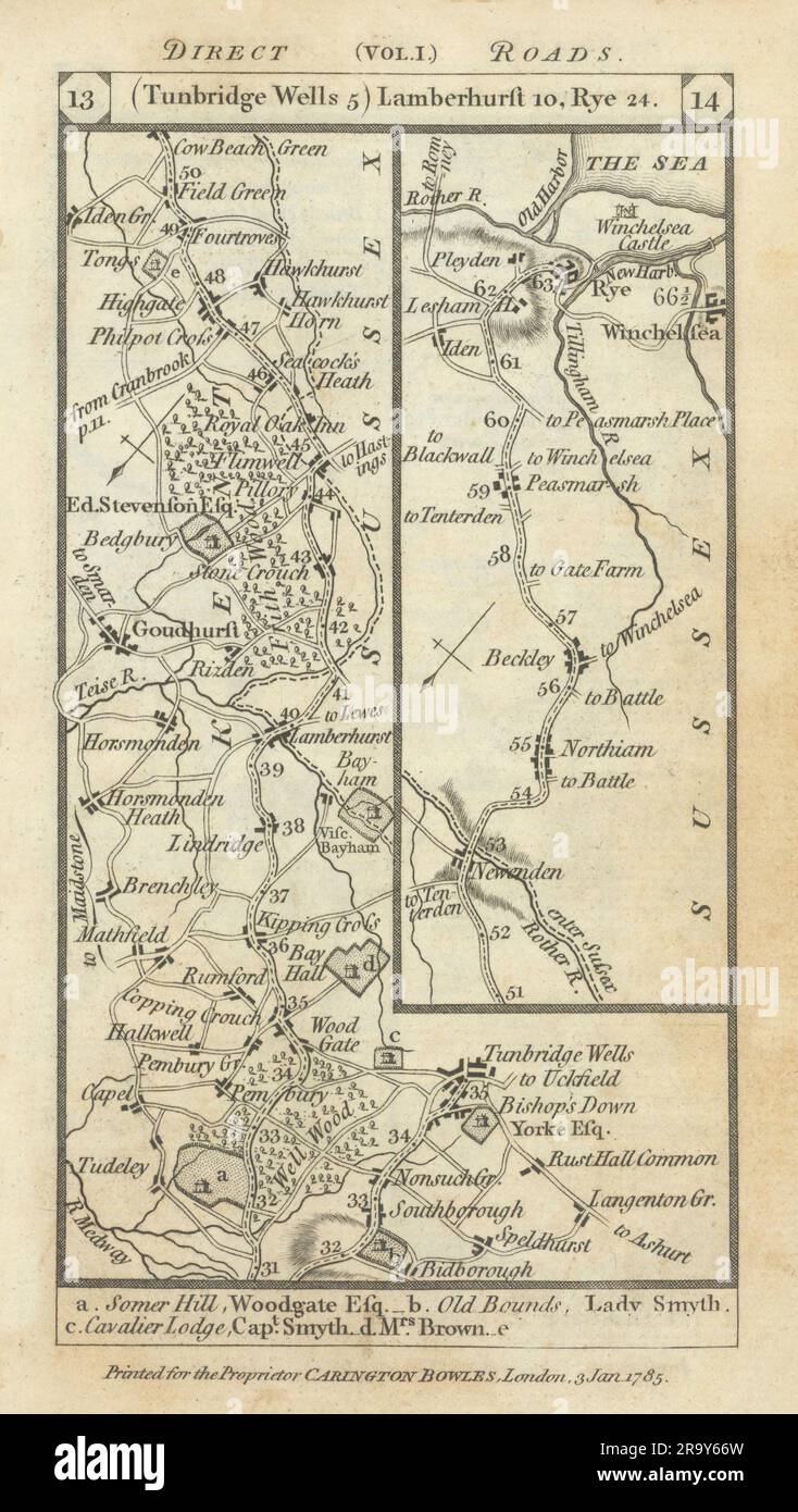Tunbridge Wells-Newenden-Beckley-Rye-Winchelsea road strip map PATERSON 1785 Stock Photo