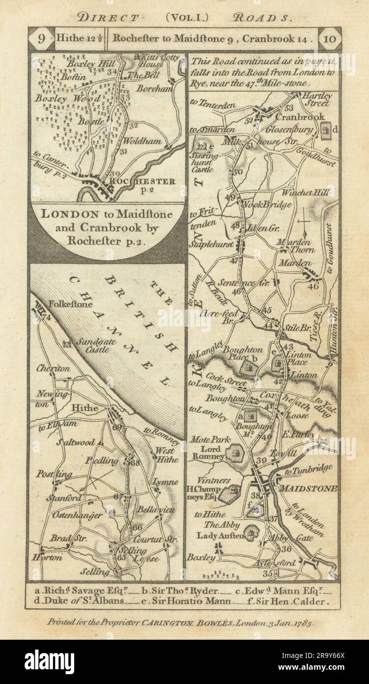 Hythe-Folkestone. Rochester-Maidstone-Cranbrook road strip map PATERSON 1785 Stock Photo