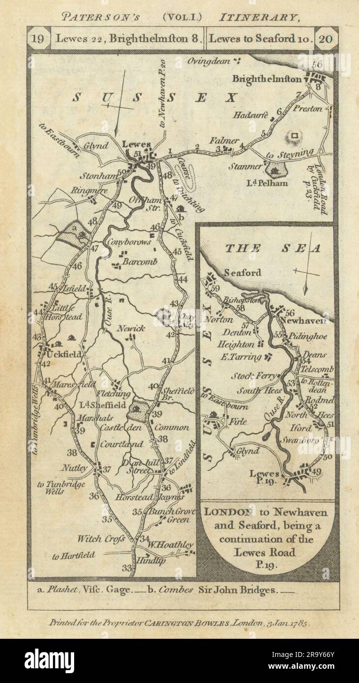 Uckfield-Lewes-Brighton-Newhaven-Seaford road strip map PATERSON 1785 old Stock Photo