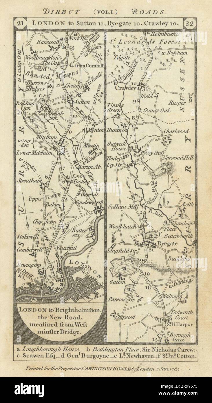 Wandsworth-Clapham-Carshalton-Reigate-Crawley road strip map PATERSON 1785 Stock Photo