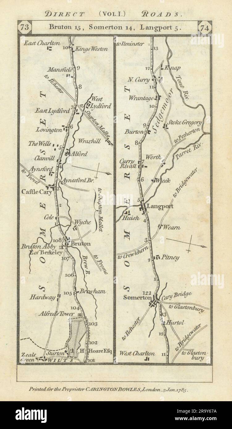 Stourton-Bourton-Castle Cary-Langport-Wrantage road strip map PATERSON 1785 Stock Photo