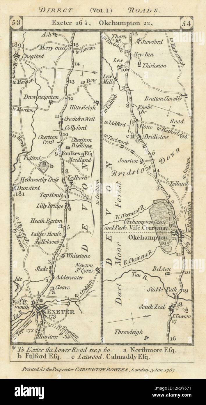 Exeter - Chagford - Okehampton - Bridestowe road strip map PATERSON 1785 Stock Photo
