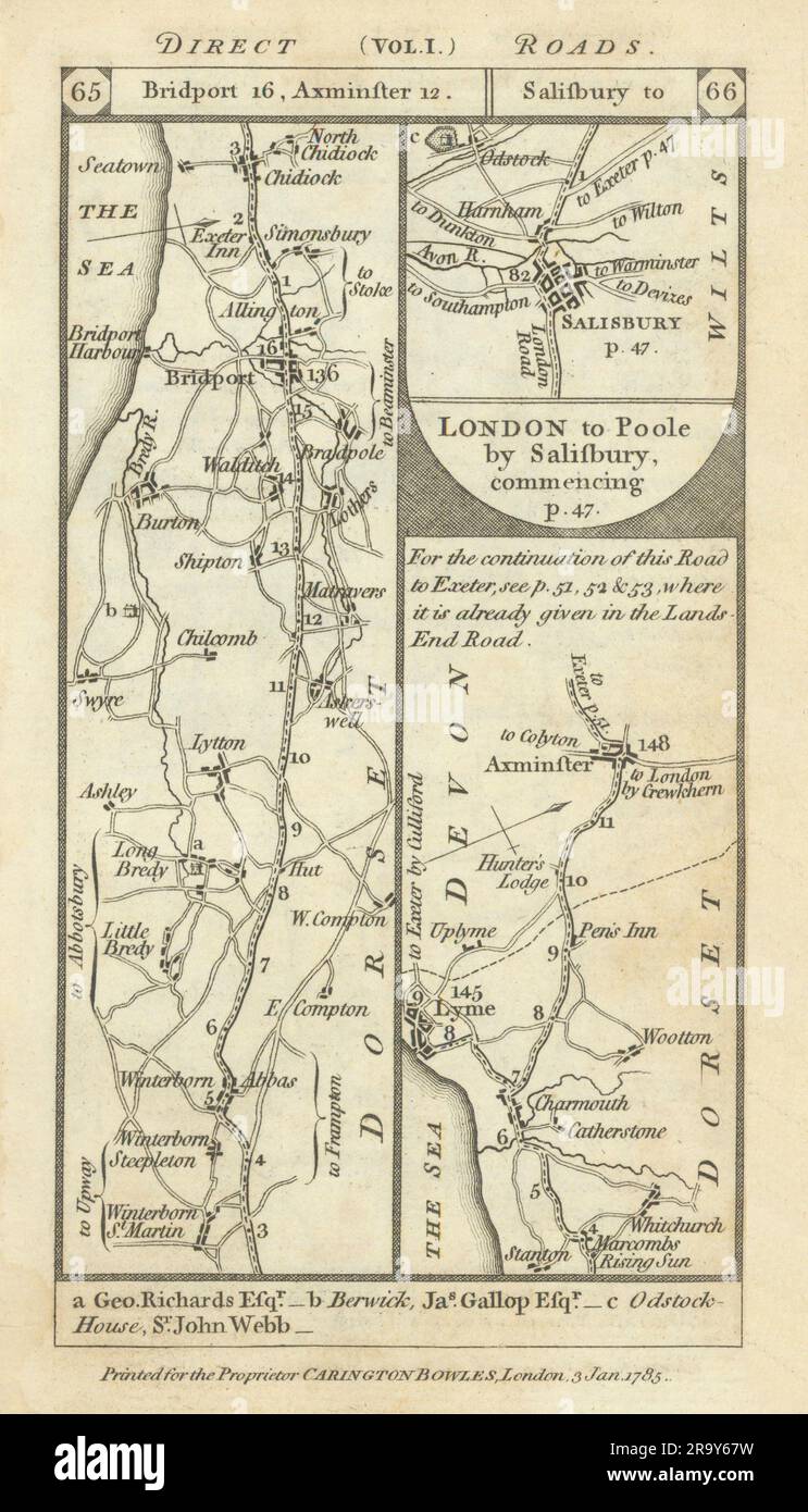 BridportLyme RegisAxminster. Salisbury road strip map PATERSON 1785