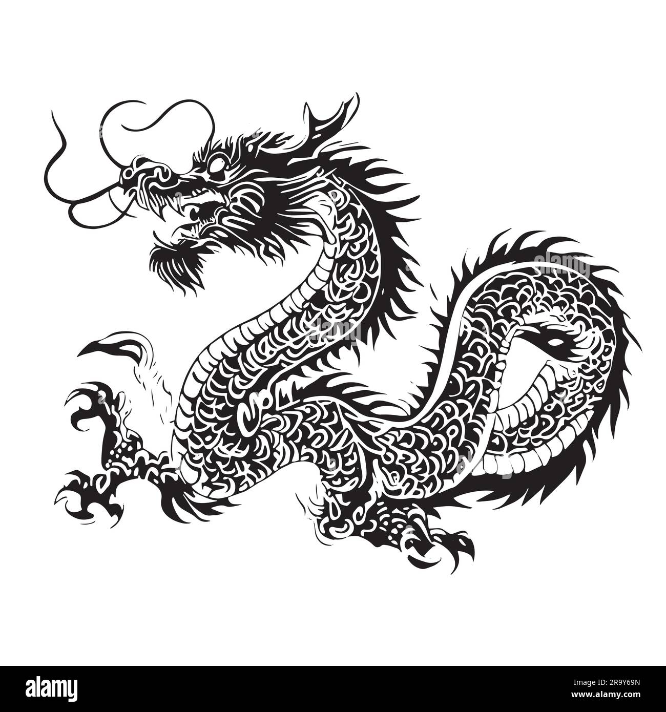 chinese dragon illustration in black color. Chinese dragon tattoo. Vector illustration. Isolated on white background. Stock Vector