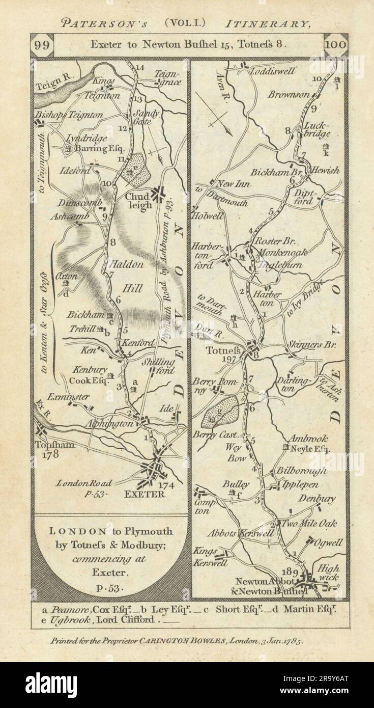 Exeter-Chudleigh-Newton Abbot-Totnes-Brownston road strip map PATERSON 1785 Stock Photo