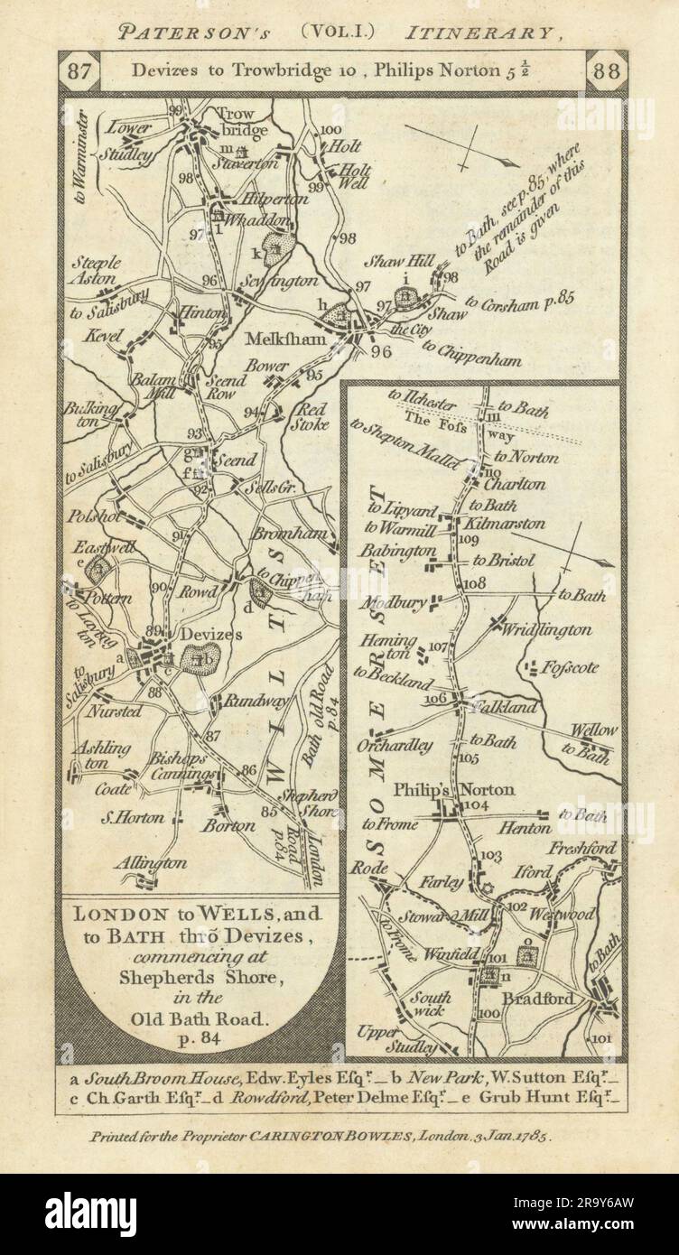 DevizestrowbridgeNorton St PhilipFrome road strip map PATERSON 1785 old Stock Photo Alamy