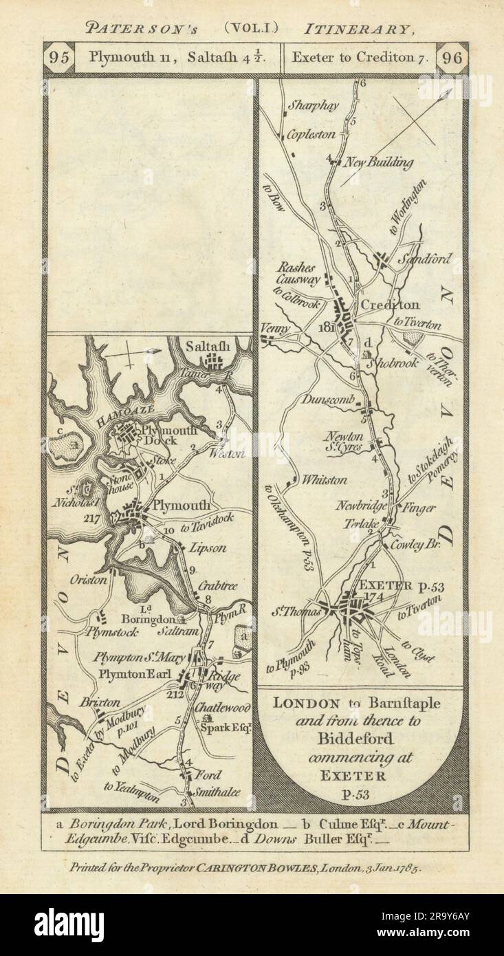 Plympton-Plymouth-Saltash. Exeter-Crediton road strip map PATERSON 1785 Stock Photo