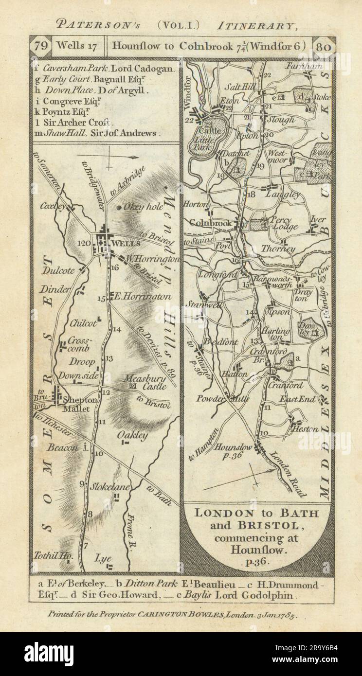 Shepton Mallet-Wells. Hounslow-Windsor-Slough road strip map PATERSON 1785 Stock Photo