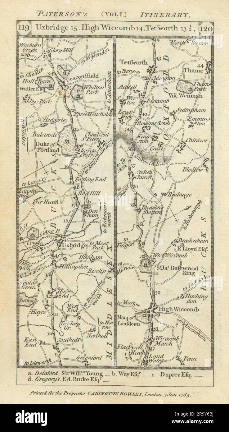 Southall-Chalfonts-Beaconsfield-High Wycombe road strip map PATERSON 1785 Stock Photo