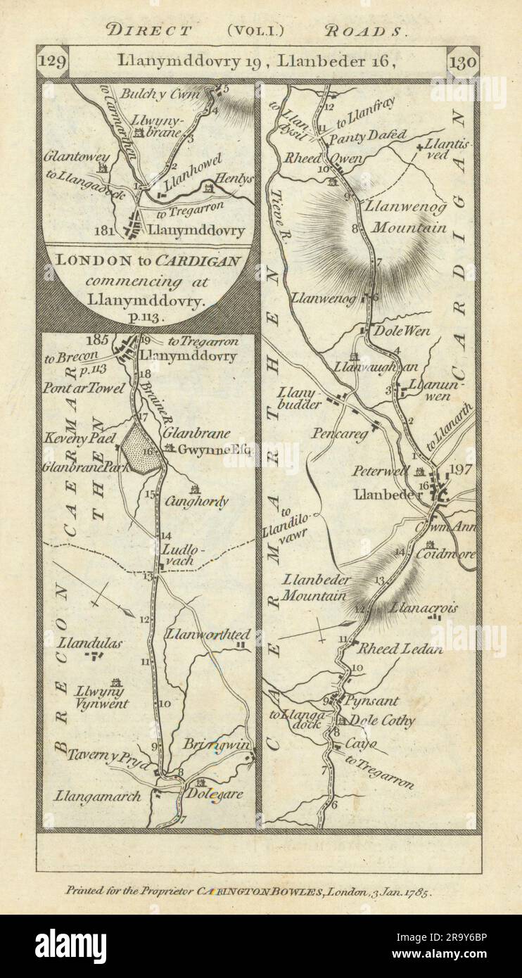 Llandovery. Llandovery - Lampeter road strip map PATERSON 1785 old antique Stock Photo