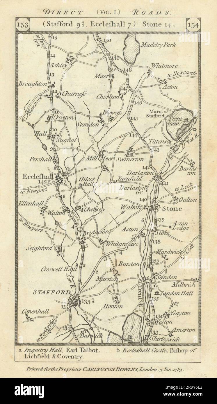 Stafford Stone Eccleshall road strip map PATERSON 1785 old antique