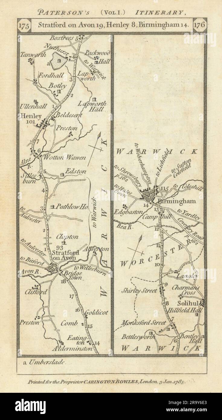 Stratford/Avon-Henley/Arden-Solihull-Birmingham road strip map PATERSON 1785 Stock Photo