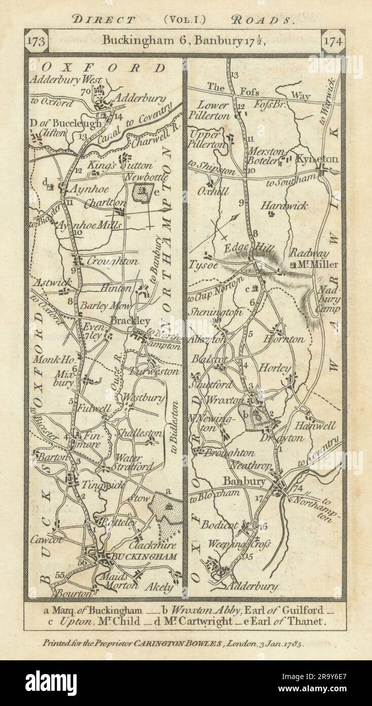 Buckingham-Tingewick-Brackley-Banbury-Kineton road strip map PATERSON 1785 Stock Photo