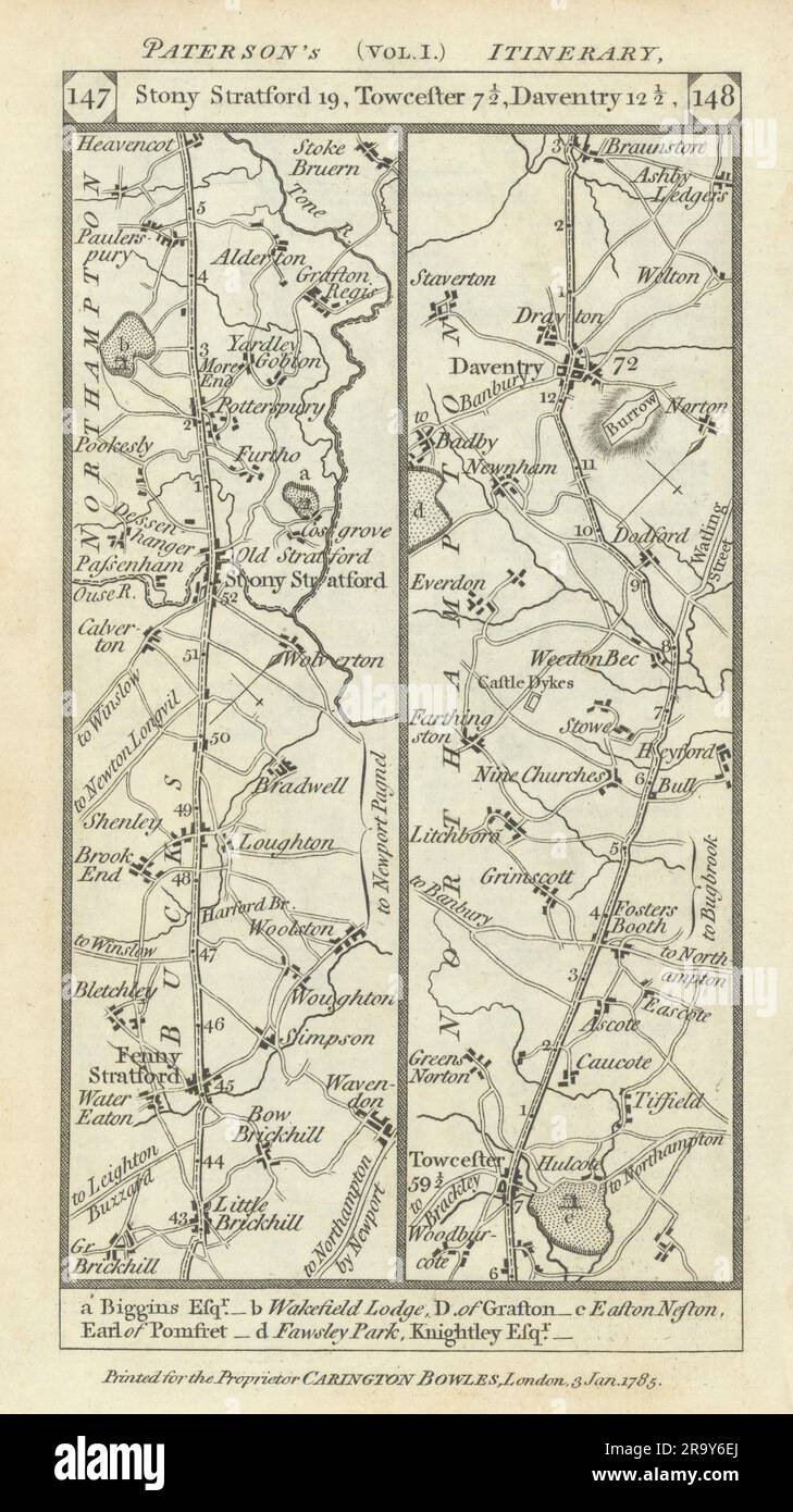 Bletchley-Stony Stratford-Towcester-Daventry road strip map PATERSON 1785 Stock Photo