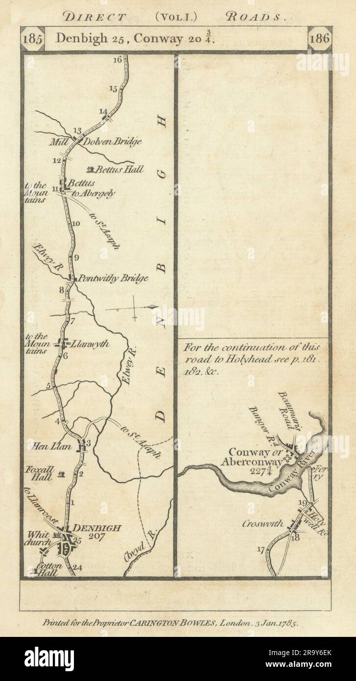 Denbigh - Betws-yn-Rhos - Dolwen - Conwy road strip map PATERSON 1785 old Stock Photo
