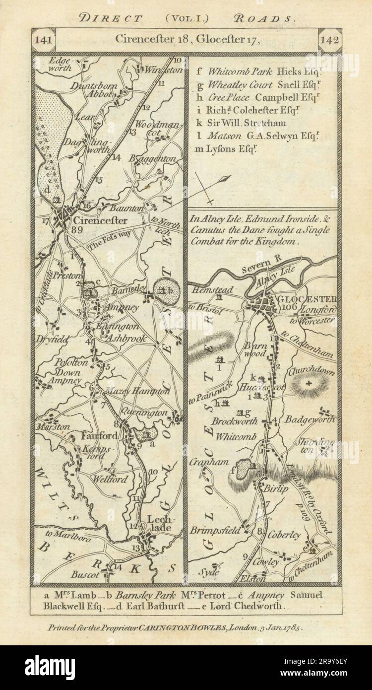 Lechlade - Fairford - Cirencester - Gloucester road strip map PATERSON 1785 Stock Photo