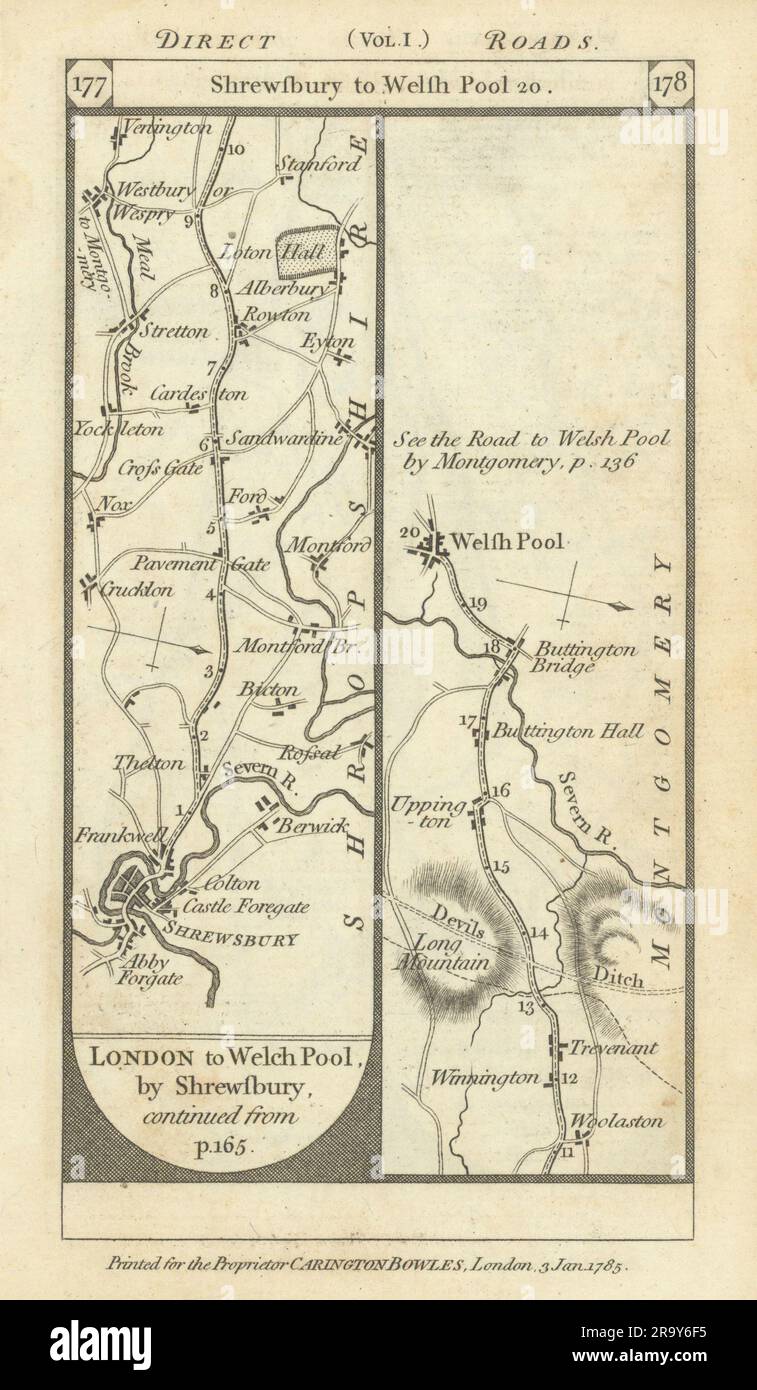 Shrewsbury - Westbury - Weslhpool road strip map PATERSON 1785 old antique Stock Photo