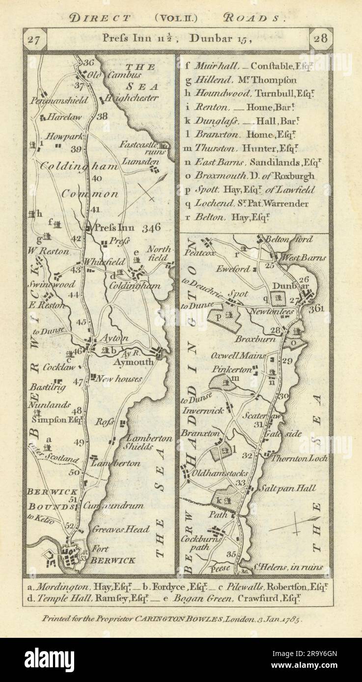 Berwick - Eyemouth - Cocksburnspath - Dunbar road strip map PATERSON 1785 Stock Photo