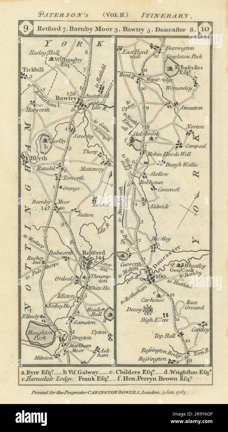 Retford-Blyth-Bawtry-Doncaster-Darrington road strip map PATERSON 1785 old Stock Photo