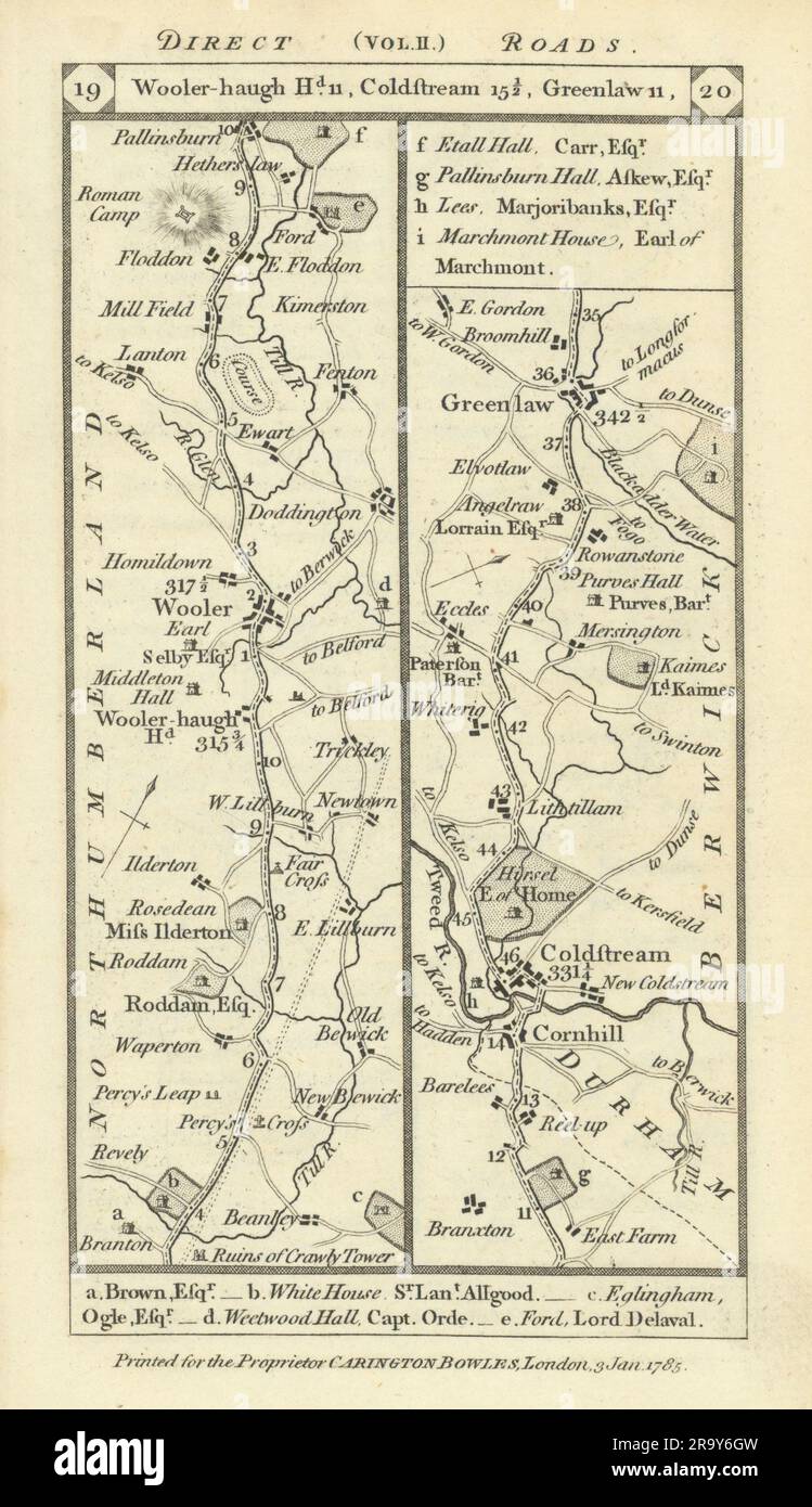 Wooler - Cornhill - Coldstream - Greenlaw road strip map PATERSON 1785 Stock Photo