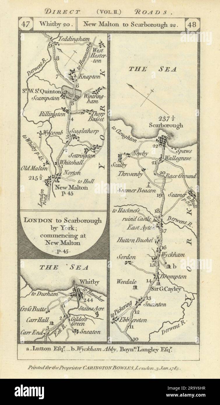 Whitby. New MaltonWykehamScarborough road strip map PATERSON 1785 old
