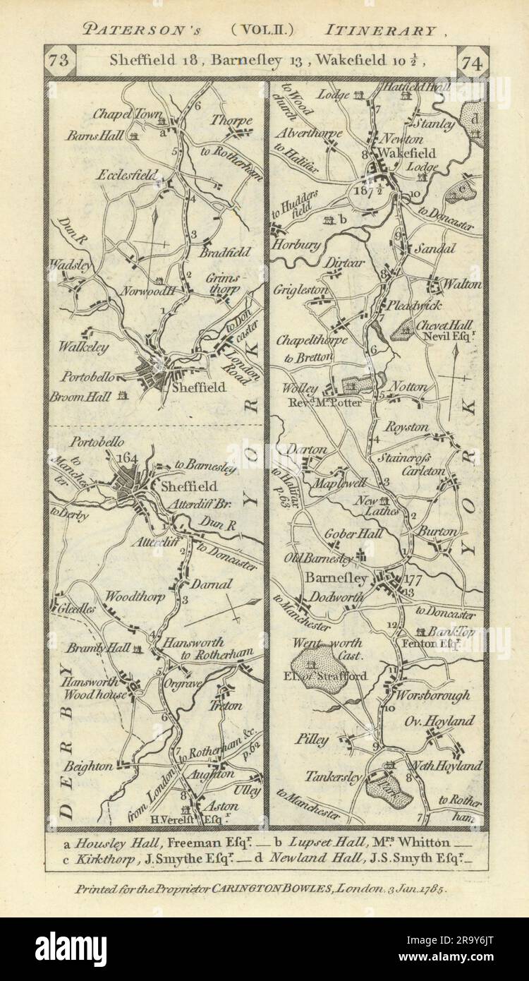 Sheffield - Ecclesfield - Barnsley - Wakefield road strip map PATERSON 1785 Stock Photo