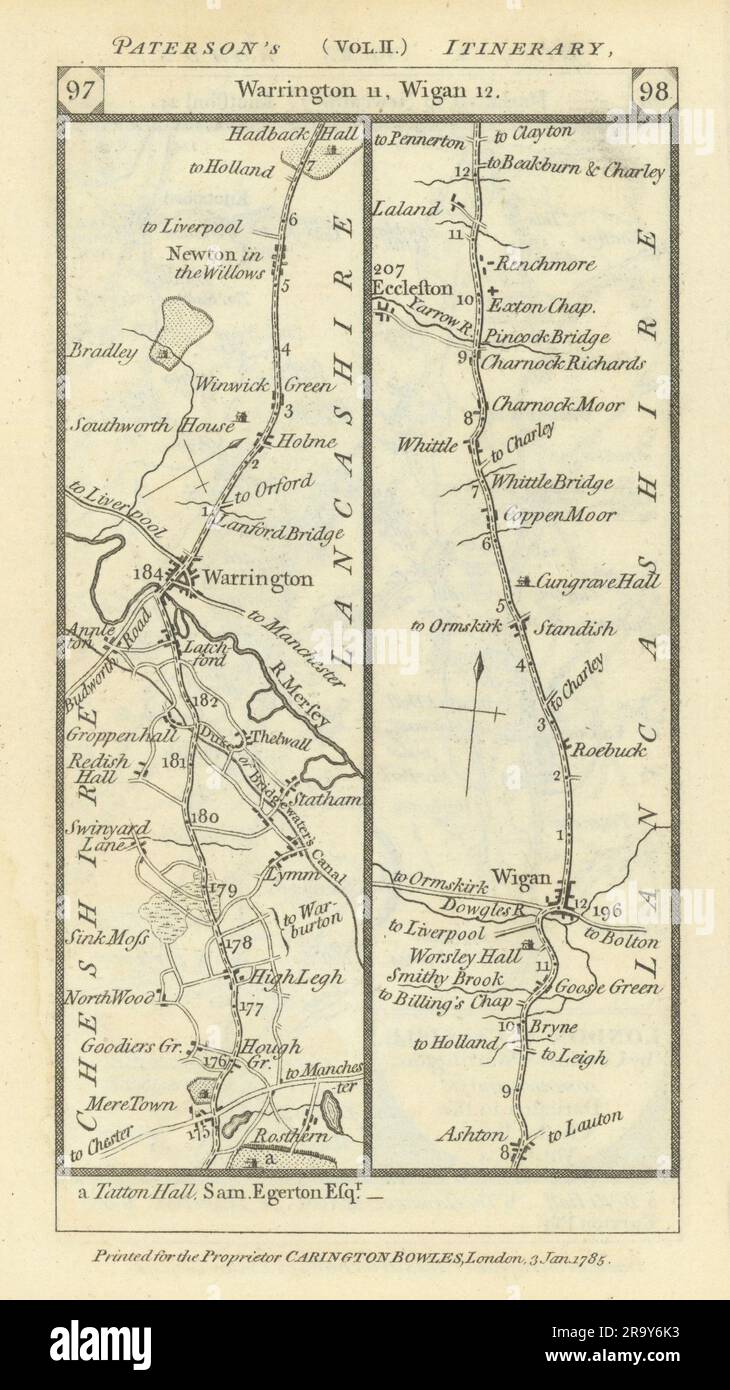 Warrington-Newton-le-Willows-Wigan-Chorley road strip map PATERSON 1785 Stock Photo