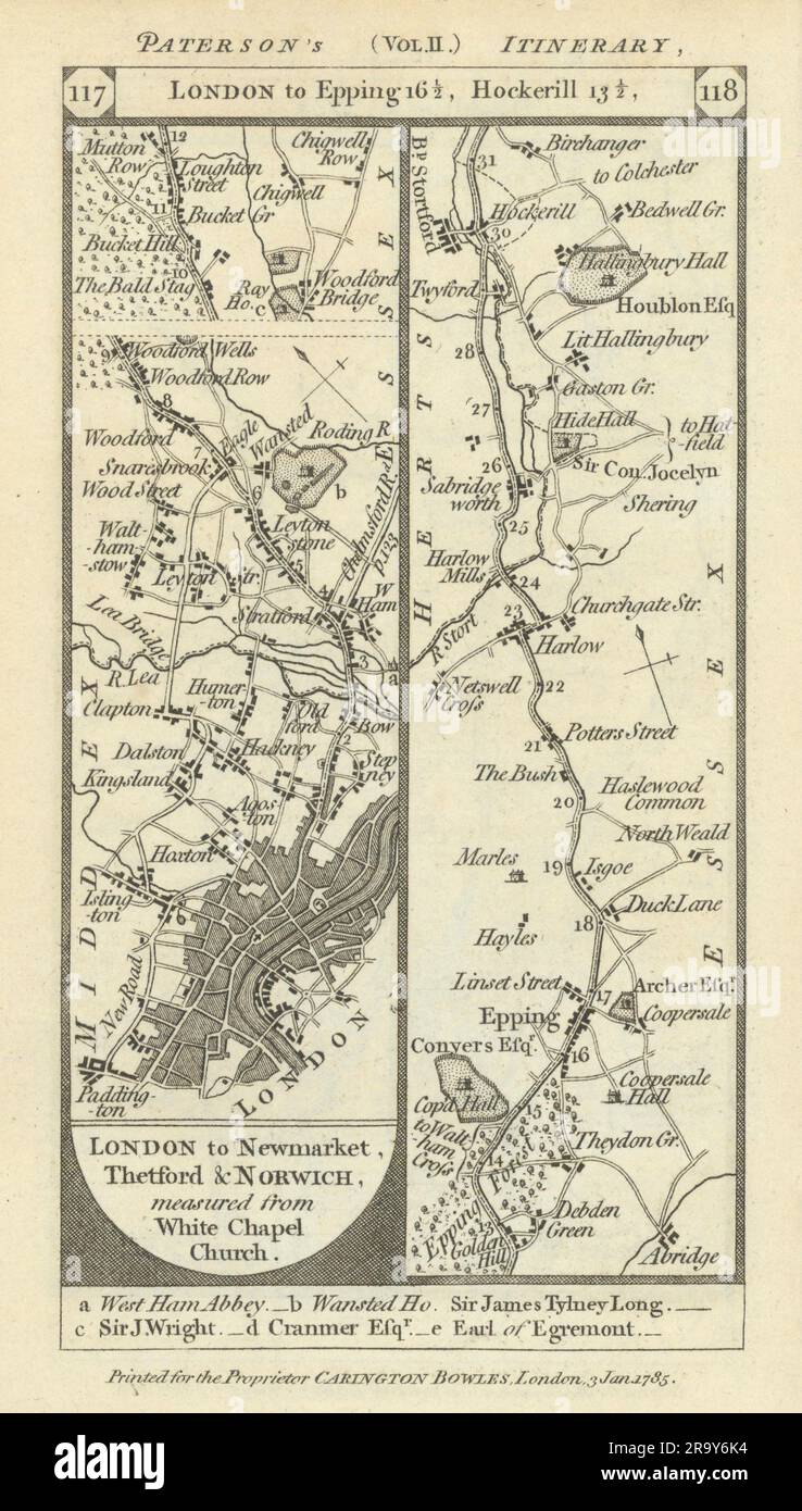 Hackney-Epping-Harlow-Bishop's Stortford road strip map PATERSON 1785 old Stock Photo