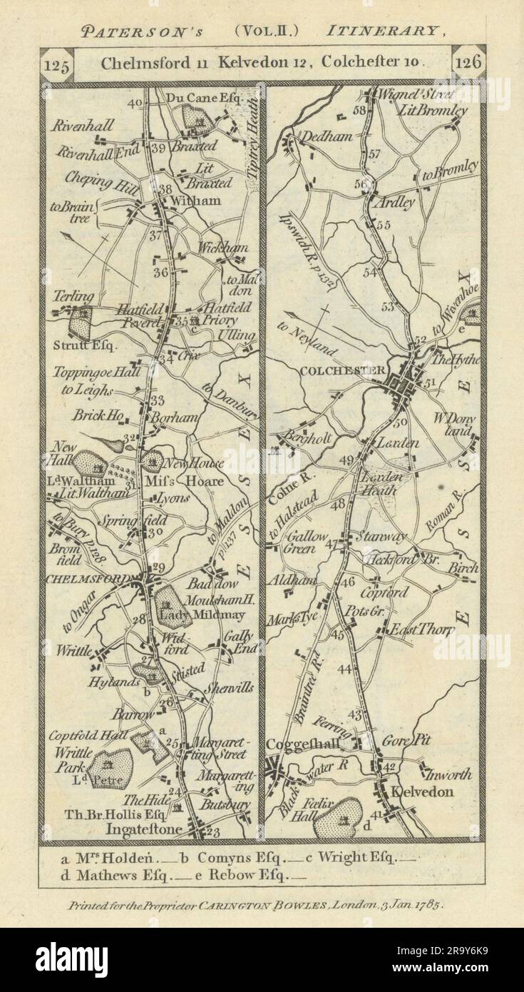 IngatestoneChelmsfordColchesterArdleigh road strip map PATERSON 1785