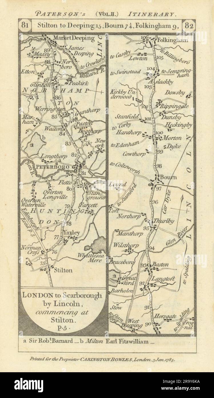 Yaxley-Peterborough-Thurlby-Morton-Folkingham road strip map PATERSON 1785 Stock Photo