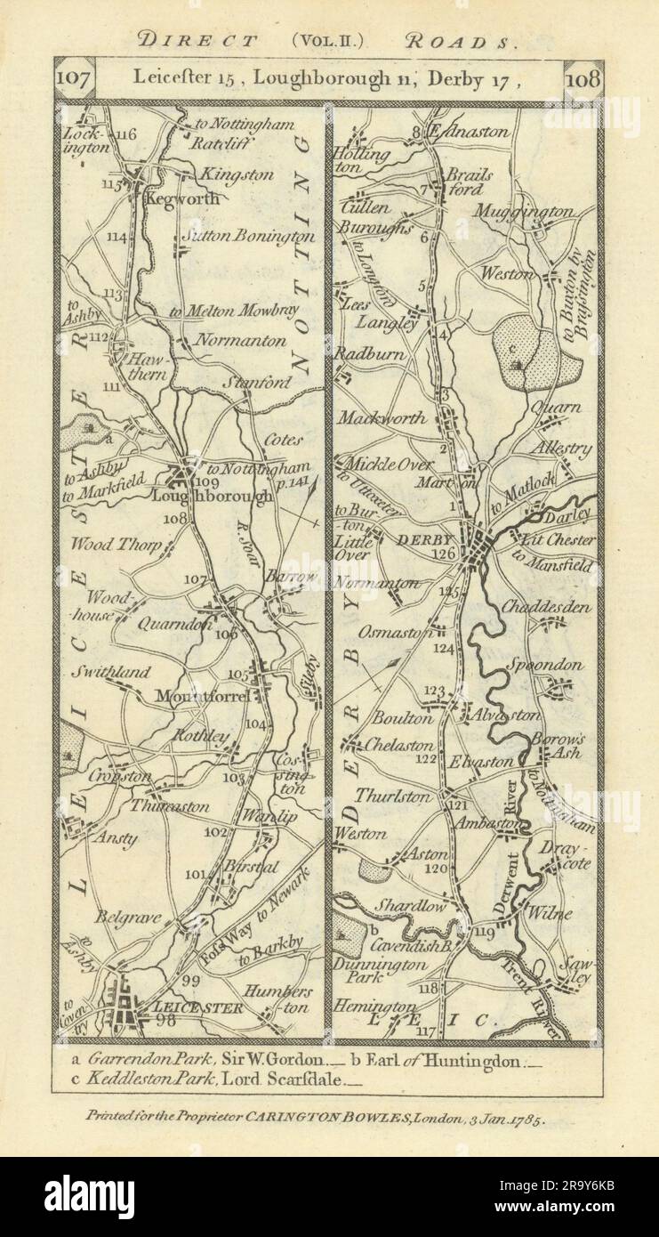 Leicester-Loughborough-Kegworth-Derby-Mackworth road strip map PATERSON 1785 Stock Photo