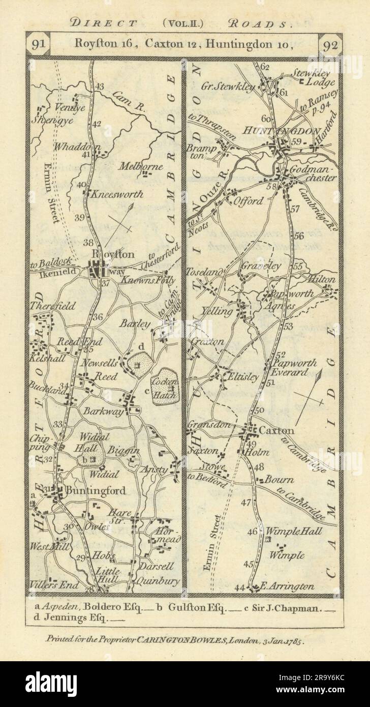 Buntingford - Royston - Caxton - Huntingdon road strip map PATERSON 1785 Stock Photo