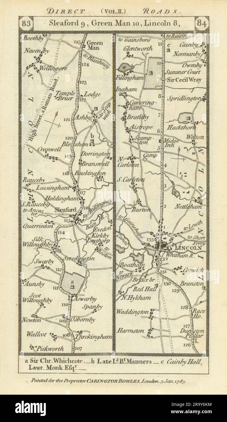 Sleaford Lincoln road strip map PATERSON 1785 old antique plan chart