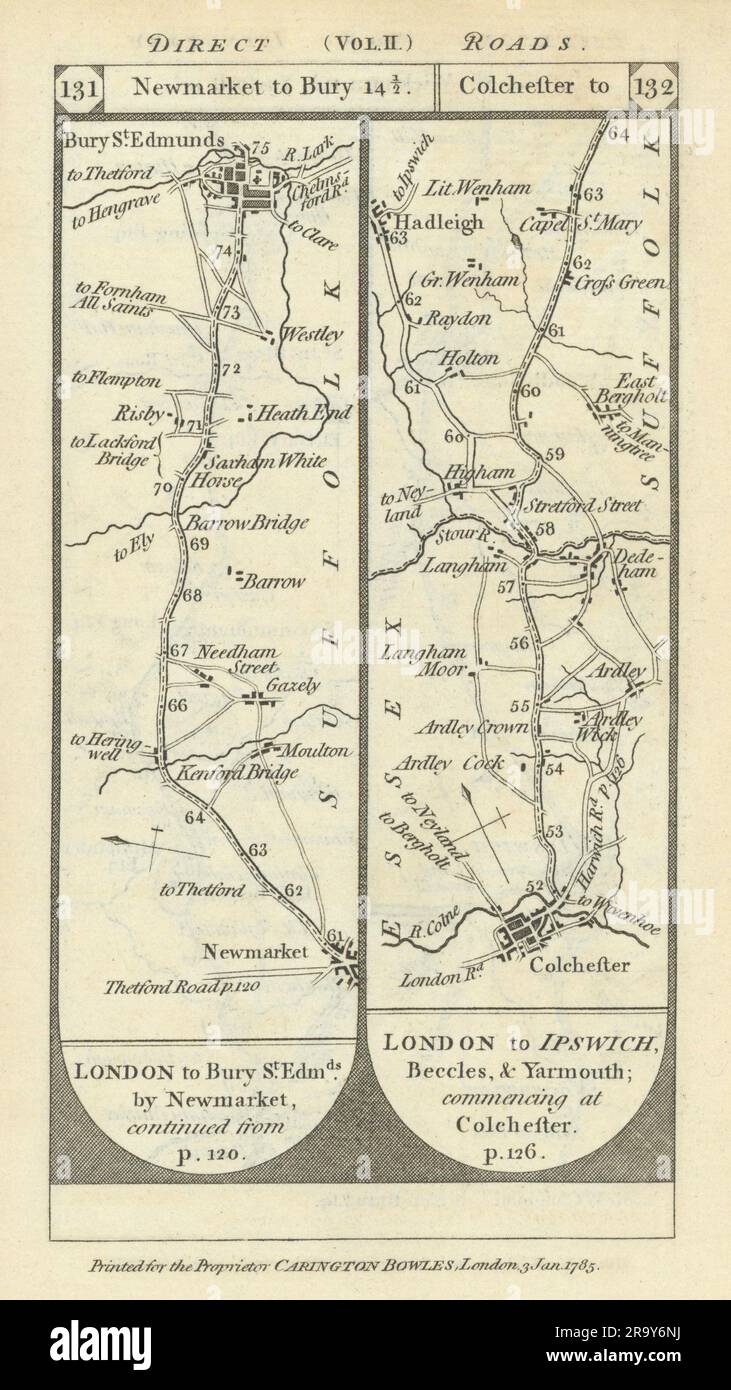 Newmarket-Bury St. Edmunds. Colchester-Bergholt road strip map PATERSON 1785 Stock Photo