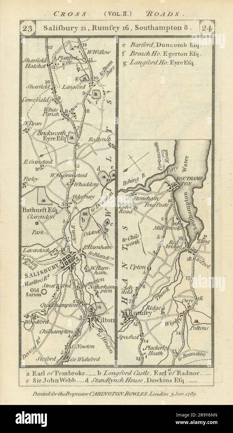 Wilton Salisbury Romsey Southampton road strip map PATERSON 1785