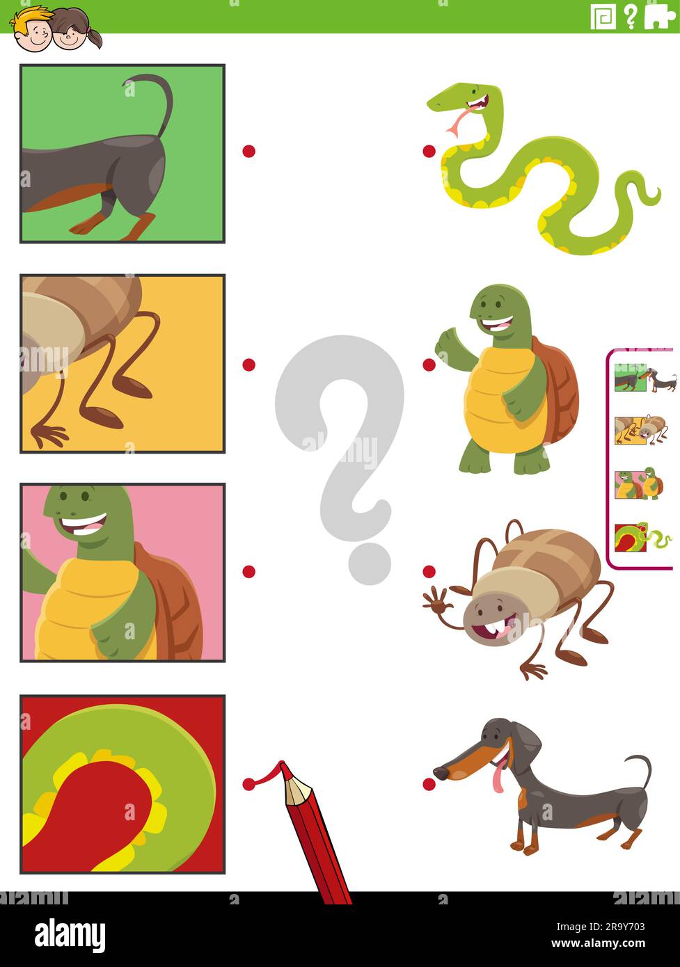 Cartoon illustration of educational matching activity with animal ...