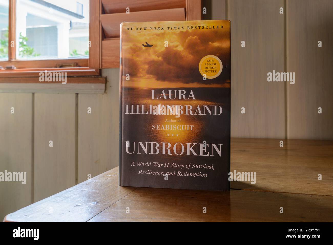 NEW ORLEANS, LA, USA - JUNE 16, 2023: Closeup of #1 New York Times bestselling book, 'Unbroken,' by Laura Hillenbrand on a Tabletop Stock Photo