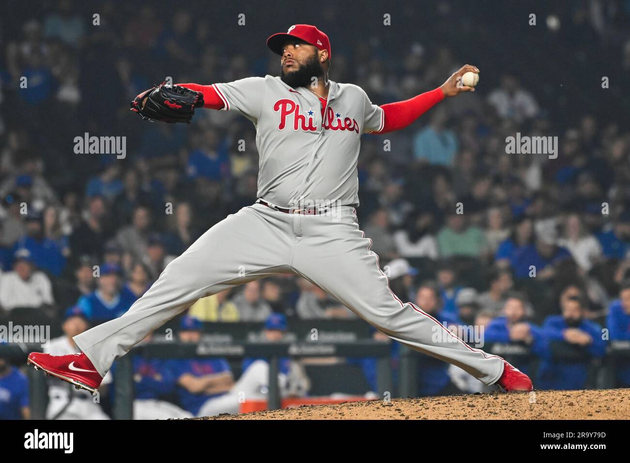 Philadelphia Phillies relief pitcher Jose Alvarado (46) delivers the ball  during the ninth inning of a baseball game against the Chicago Cubs,  Wednesday, June 28, 2023, in Chicago. The Philadelphia Phillies won