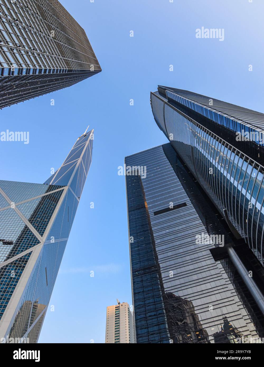 Bottom view of modern skyscrapers in business district. Stock Photo