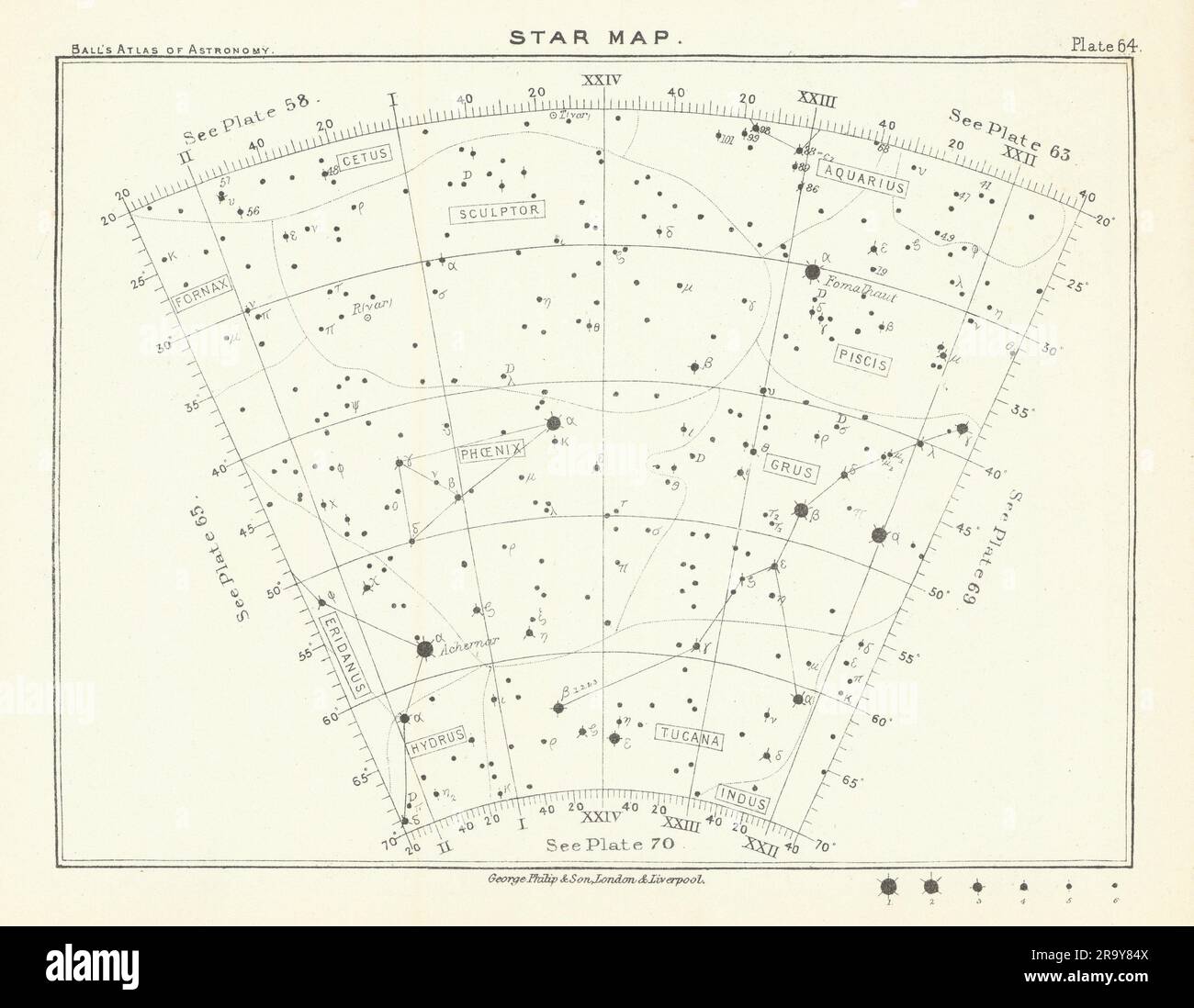 Star map night sky Aquarius Cetus Fornax Grus Indus Phoenix Piscis Sculptor 1892 Stock Photo