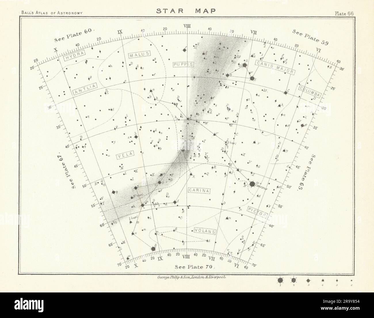 Star map night sky Antlia Canis Carina Columba Hydra Malus Pictor Puppis 1892 Stock Photo