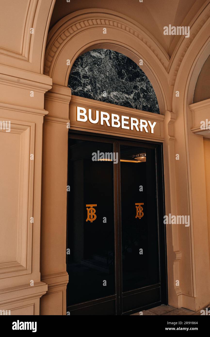 Beige classy aesthetic facade of Burberry boutique . Burberry is a British luxurious clothing brand Stock Photo